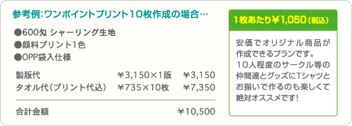 参考例：ワンポイントプリント10枚作成の場合…合計金額 ¥10,500・1枚あたり¥1,050（税込）