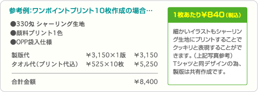 参考例：ワンポイントプリント10枚作成の場合…合計金額 ¥8,400・1枚あたり¥840（税込）