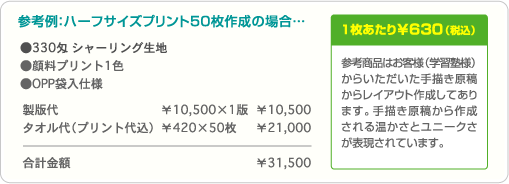 参考例：ハーフサイズプリント50枚作成の場合…合計金額 ¥31,500・1枚あたり¥630（税込）