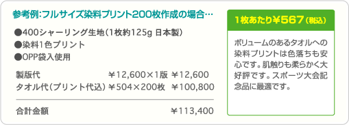 参考例：フルサイズ染料プリント200枚作成の場合…合計金額 ¥113,400・1枚あたり¥567（税込）