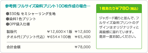 参考例：フルサイズ染料プリント100枚作成の場合…合計金額 ¥78,000・1枚あたり¥780（税込）
