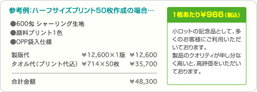 参考例：ハーフサイズプリント50枚作成の場合…合計金額 ¥48,300・1枚あたり¥966（税込）